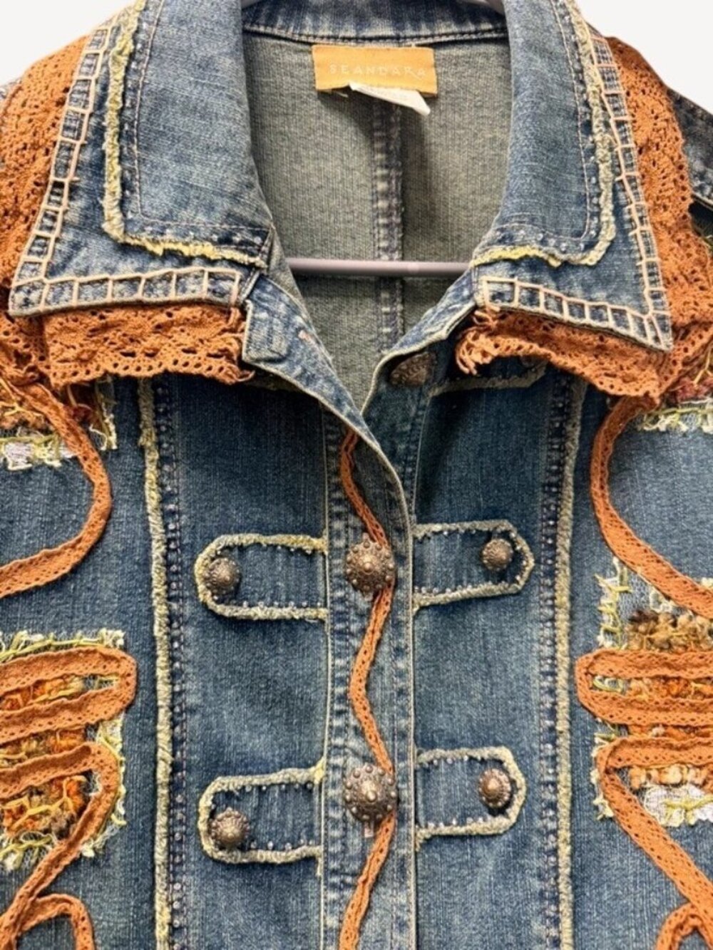 Seandara Denim Jacket L Boho Western Lace Rhinestone Embellished Y2K Jean Coat - Picture 5 of 11